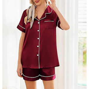 Camisón Sexy de Satén Color Granate para Mujer, Conjunto de Pijama de Manga Corta, Corte Holgado, Pantalones Cortos con Cintura Elástica - Product Image 2