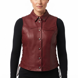 Gilet sans manches en cuir véritable pour femme avec bretelles latérales ajustables et col rabattable – Vêtement d'extérieur décontracté pour l'hiver - Product Image 6