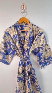 Elegante Vestido Kaftán de Algodón con Estampado Floral Azul, Cintura Ajustable, Estilo Bohemio, Casual, para Vacaciones de Verano - Product Image 4