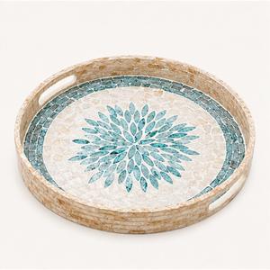Bandeja Redonda Artesanal de Nácar con Mosaico Floral Turquesa y Incrustaciones de Concha, Plato Decorativo para Mesa de Centro en Oferta - Product Image 5