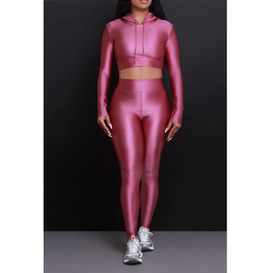 <b>Women</b> Pink Hooded Long Sleeve Crop Top High Waist Leggings <b>Set</b> Solid Color Spandex Polyester Gym Wear Full Length Trendy - Product Image 3