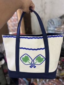 Bolso Tote de Lona Bordado Estilo Bohemio con Diseño de Pickleball, Asas de Bambú, Bolso de Mano para Mujer, Estilo Bohemio Indio, para Playa de Verano - Product Image 1