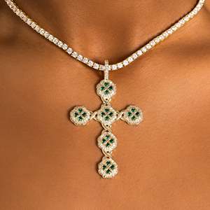 Luxury 18K Gold Plated Moissanite Cross Pendant Necklace Round Brilliant Cut <b>Rope</b> <b>Chain</b> Women's Christian Jewelry Everyday Wear - Product Image 1