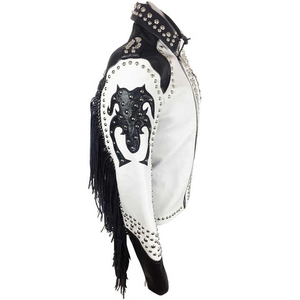 Premium White Genuine Leather Men <b>Rhinestone</b> Fringe <b>Jacket</b> Studded Flame Style Moto Biker <b>Jacket</b> OEM Customization Available - Product Image 5
