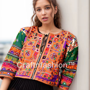 Blouson Bomber Court Écologique et Respirant Grande Taille pour Femme, Style Bohème Gypsy, Broderie Florale Vintage et Broderie Miroir Épaisse - Product Image 6