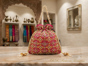 B.R. Bolso de Mano Tipo Clutch de Seda con Bordado Dorado, Perlas y Patrón Geométrico, Ideal para Bodas y Fiestas, Talla XS - Product Image 3