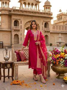 Heavy Designer Suit Roman Silk With Beautiful Embroidery With Sequence Work <b>Top</b> and Pant With Cotton Silk With Zari Work Dupatta - Product Image 1