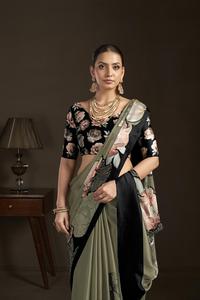 Sari élégant prêt-à-porter avec chemisier cousu en crêpe de soie à imprimé floral numérique, fournisseur indien d'exportation de saris - Product Image 5