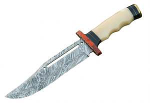 Outil utilitaire avec poignée en bois rougeâtre et poignée en os, doté d'une lame fixe en acier Damas - Product Image 5