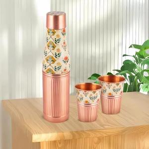 Handcrafted Copper <b>Water</b> <b>Bottle</b> With Two Tumblers Floral Design Portable <b>Thermos</b> Set For Home Use - Product Image 1