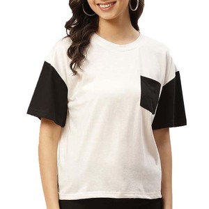 Women's Eco-Friendly Crew Neck T-Shirt Short Sleeve Loose Fit <b>Patchwork</b> Casual <b>Top</b> White Black Knitted Cotton 2026 - Product Image 1