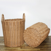 Ensemble de 2 paniers de rangement en rotin naturel en plastique avec couvercle, tissés à la main, organisateur de cuisine et de maison pour vêtements, légumes et jouets