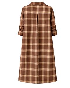 Robe chemise marron à carreaux personnalisée pour femme, manches longues, boutonnée, mi-longue, coupe décontractée, en coton tissé avec poches avant, pour usage quotidien - Product Image 2