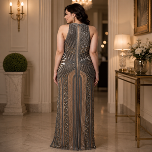 Luxury Hand Embellished Geometric <b>Sequin</b> Evening Gown for Women High Neck Sleeveless Party Dress Elegant Front Slit Designer - Product Image 4