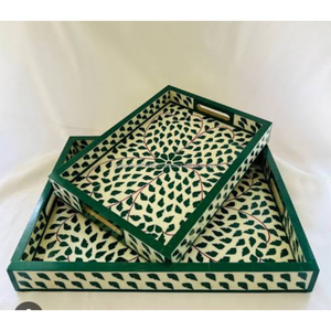 Plateau en bois classique fait à la main avec incrustations d'os, motif floral noir, technique polie, pour la cuisine, la salle à manger, la table basse, le service - Product Image 6
