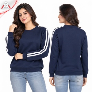 Sudadera de Cuello Redondo Azul Marino para Mujer con Rayas Blancas en las Mangas, Corte Regular, Informal, Tejida, 100% Algodón, Sudadera para Invierno - Product Image 5