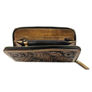 Premium Quality Women's Genuine Leather Engraved Zipper Wallet Brown Color Multiple Slots Vintage Style Made India Best Selling - Product Image 3