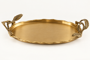 Plateau de service de mariage personnalisé en aluminium plaqué or blanc, fait main, style Art Déco, avec poignée en forme de feuille, pour la décoration de la maison - Product Image 1