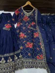 Conjunto de Salwar Kameez de Seda Azul Bordado con Estampado Floral Digital, Traje Indio Pakistaní para Bodas y Fiestas, Ropa Elegante para Mujer - Product Image 3