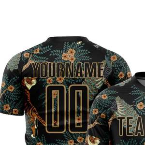 เสื้อฟุตบอลสีดำแบบกำหนดเอง พิมพ์ลายชื่อทีม ลายเสือ ลายดอกไม้ ผ้าโพลีเอสเตอร์ระบายอากาศ แขนสั้น คอกลม - Product Image 5