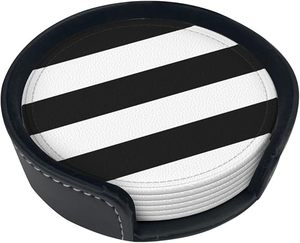 Stripes Black White Leather Coasters For Drinks, 6 Pcs Leather Coaster With Holder, Round Cup Mat <b>Pad</b> Set For Home And Kitchen - Product Image 4