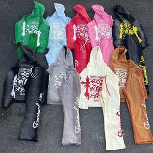 Customized Color & Printing Streetwear Tracksuit Custom Logo Acid Wash Zip-up Hoodie & Flared Trouser <b>Set</b> Sweat Suit for Men - Product Image 1