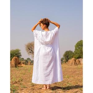 Women Cotton Linen White <b>Boho</b> Long <b>Dress</b> V Neck Short Sleeve Flowing <b>Summer</b> Vacation Maxi <b>Dress</b> - Product Image 4