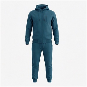 Conjunto Deportivo para Hombre en Color Verde Azulado, Manga Larga, con Capucha y Cierre Frontal, Color Sólido, Transpirable, Corte Regular, para Otoño - Product Image 1