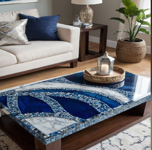 Cette magnifique table basse rectangulaire est fabriquée avec une dense mosaïque de pierres d'agate naturelle et des accents dorés, à prix de gros. - Product Image 4