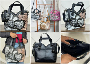 Sac fourre-tout tendance en cuir de vachette noir de qualité supérieure, avec motif floral et applique en forme de cœur, sac à bandoulière - Product Image 3