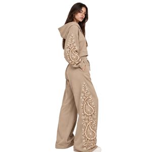 Beige Womens Paisley Print Crop Hoodie Wide Leg Pants Two Piece Tracksuit Casual Streetwear Loose Fit <b>Jogger</b> <b>Matching</b> Outfit <b>Set</b> - Product Image 2