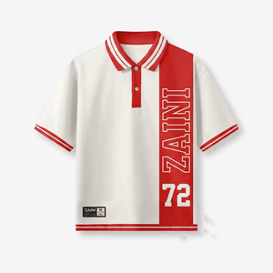 ผ้าโพลีเอสเตอร์ถักแบบอินเตอร์ล็อคพรีเมียม 170 กรัม สำหรับเสื้อสีขาว แถบข้างสีแดง พิมพ์ลายดิจิทัล ปักโลโก้ตามสั่ง รับผลิตแบบ OEM สำหรับผู้ชาย - Product Image 1