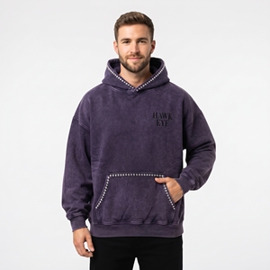Sudadera con capucha de algodón grueso con efecto acid wash para hombre, con capucha personalizada con pedrería y bolsillo canguro, logotipo bordado personalizado. - Product Image 5
