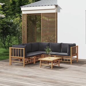 Set Lounge da Giardino in Bambù per 6 Persone, Arredamento da Esterno Stile Tropicale, Struttura in Legno Massello, Cuscini Grigio Scuro - Product Image 1