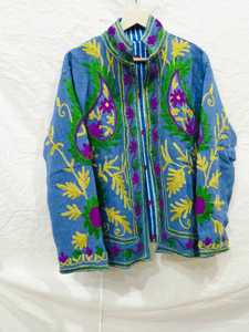 Veste bleue à col mandarin brodée, manches longues, broderie florale à la main, en coton, pour femme, longueur normale, printemps - Product Image 1