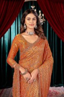 Abhi Fashion Designer Indian Orange Fandy Satin Heavy Bits Embroidered Long Sleeve Floor-Length Bridal Wedding Sari.