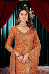 Sari de mariée indien Abhi Fashion Designer en satin Fandy orange, brodé de motifs complexes, à manches longues et longueur ras du sol - Product Image 2