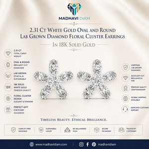 Boucles d'oreilles clous de luxe en or blanc massif 18 carats avec diamants de laboratoire ovales et ronds de 2,31 carats, motif floral, bijoux fins - Product Image 1