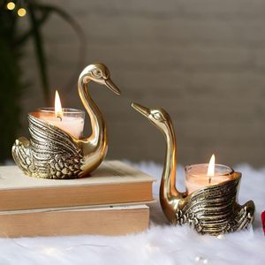 Juego de Portavelas de Cisne Dorado, Hecho a Mano, de Aluminio, con Acabado Antiguo, para Decoración de Bodas y Navidad - Product Image 2