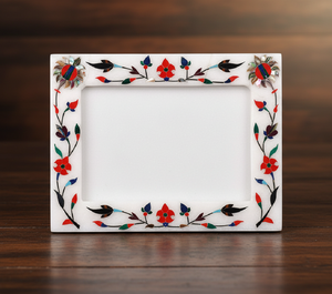 Stone Era Premium <b>White</b> Marble Photo <b>Frame</b> Traditional Floral Inlay Design for Lightweight Handmade Gift for Home Office - Product Image 1