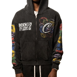 Sweat à capuche unisexe de haute qualité en molleton de coton épais, séchage rapide, style streetwear, coupe longue et ample, effet vieilli, zippé, délavé à l'acide - Product Image 1