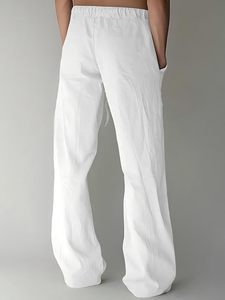 Pantalon large blanc pour homme, taille élastique, en coton, décontracté, pour l'été, avec poches latérales, léger et respirant - Product Image 3