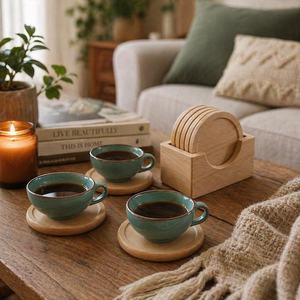 Customized Round Wooden Cup Coasters Set with Holder Eco-Friendly Classic Design <b>Table</b> Decor for Tea/Coffee <b>Tables</b> - Product Image 4