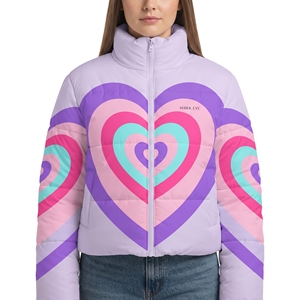 Women's Heart Print Sublimation Puffer Jacket Quilted Cropped Winter Coat Full Zip High Neck Warmest <b>Padded</b> Outdoor Fashion Wear - Product Image 1