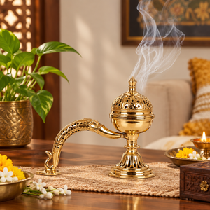 Brûleur d'encens traditionnel en laiton avec poignée courbée, support pour charbon et bakhoor, encensoir vintage en métal, porte-dhoop, décoration Puja - Product Image 2