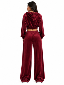 Signature Women's Luxury Athleisure <b>Velour</b> Hoodies and Wide Leg <b>Trouser</b> Set Custom Cropped Hooded Fashion Tracksuit Autumn OEM - Product Image 2