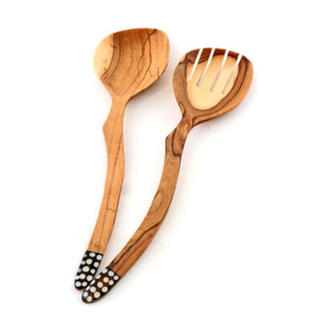 Handcrafted Eco-Friendly Mango Wood Salad Server Set Decorative Wooden <b>Serving</b> <b>Spoon</b> & Fork With Unique Enamel Chevron Pattern - Product Image 6