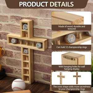 Teenyyou Baseball Ring Holder <b>Display</b> <b>Case</b> 12 Posts Softball Championship Ring Holder 9x14 Inches Wall Mount Mango Wood - Product Image 3