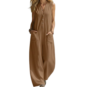 Combinaison décontractée haut de gamme pour femme, 60/40 lin/coton, boutonnée, brodée, tie-dye, taille haute, doublure douce et respirante pour l'été - Product Image 6