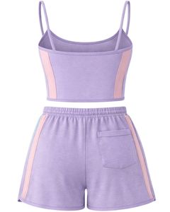 Lavender Women Camisole And Shorts <b>Set</b> Summer Two Piece Outfit Cotton Blend Crop Top Drawstring Shorts Casual Lounge Wear <b>Set</b> - Product Image 2